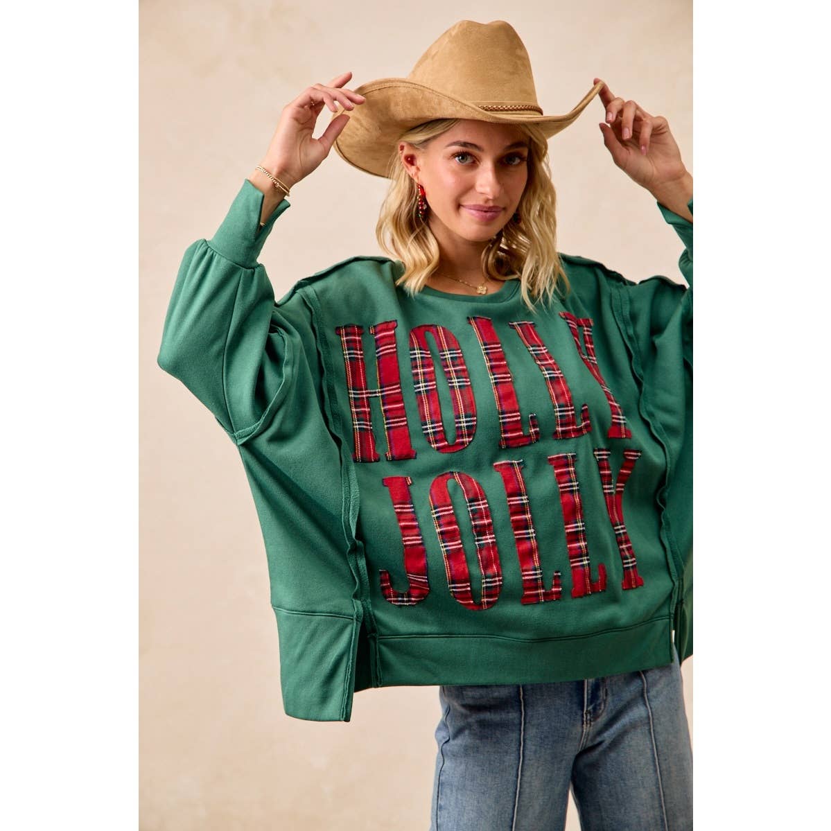 PLAID HOLLY JOLLY LETTERING SWEATSHIRT