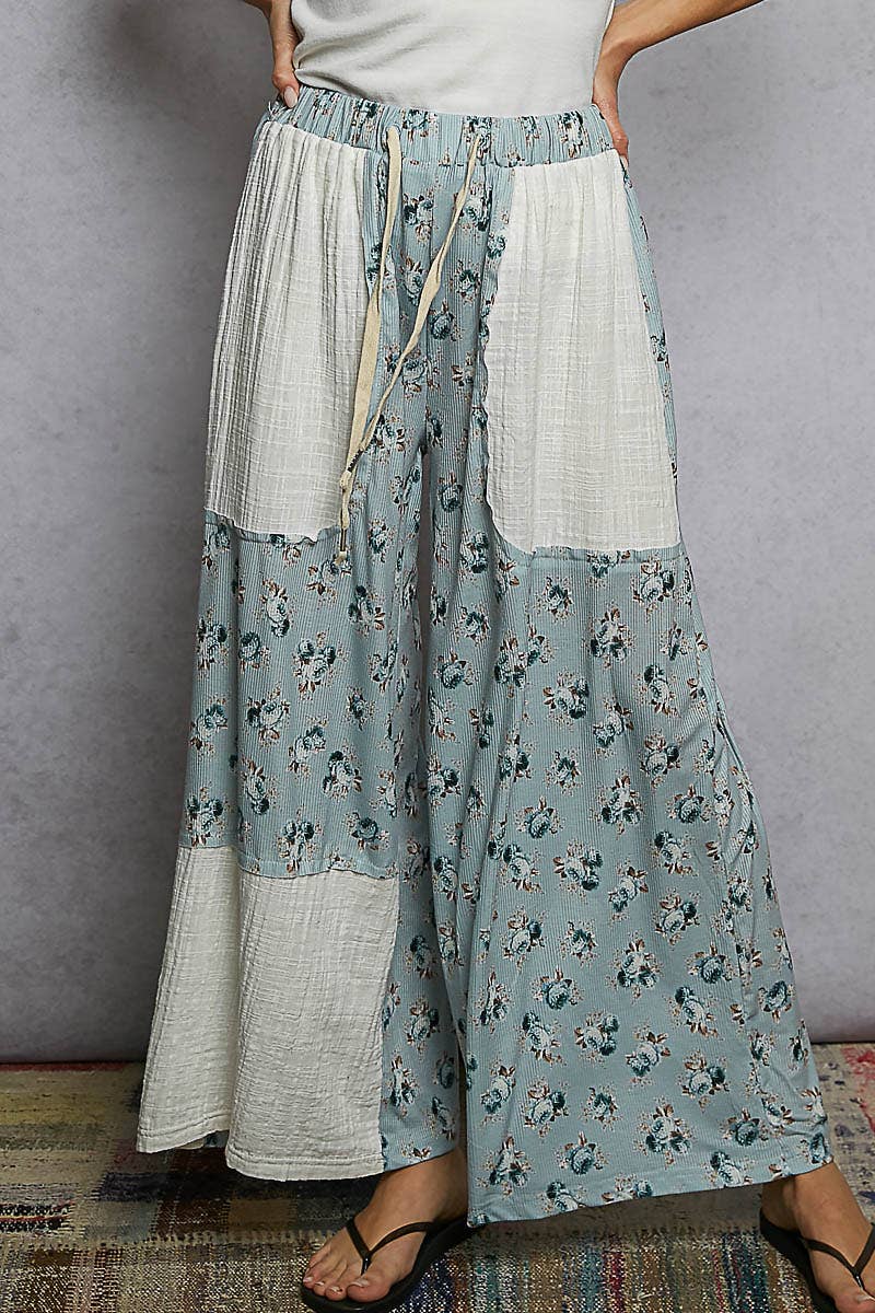 Linen Patch Outseam Detail Floral Wide Pants