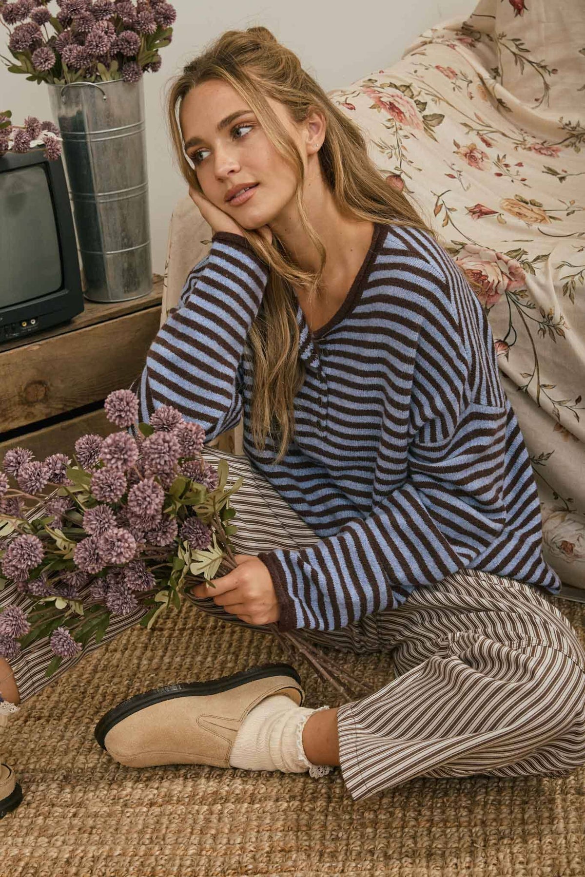 BUTTON HENLEY STRIPE LONG SLEEVE DROP SHOULDER SWEATER