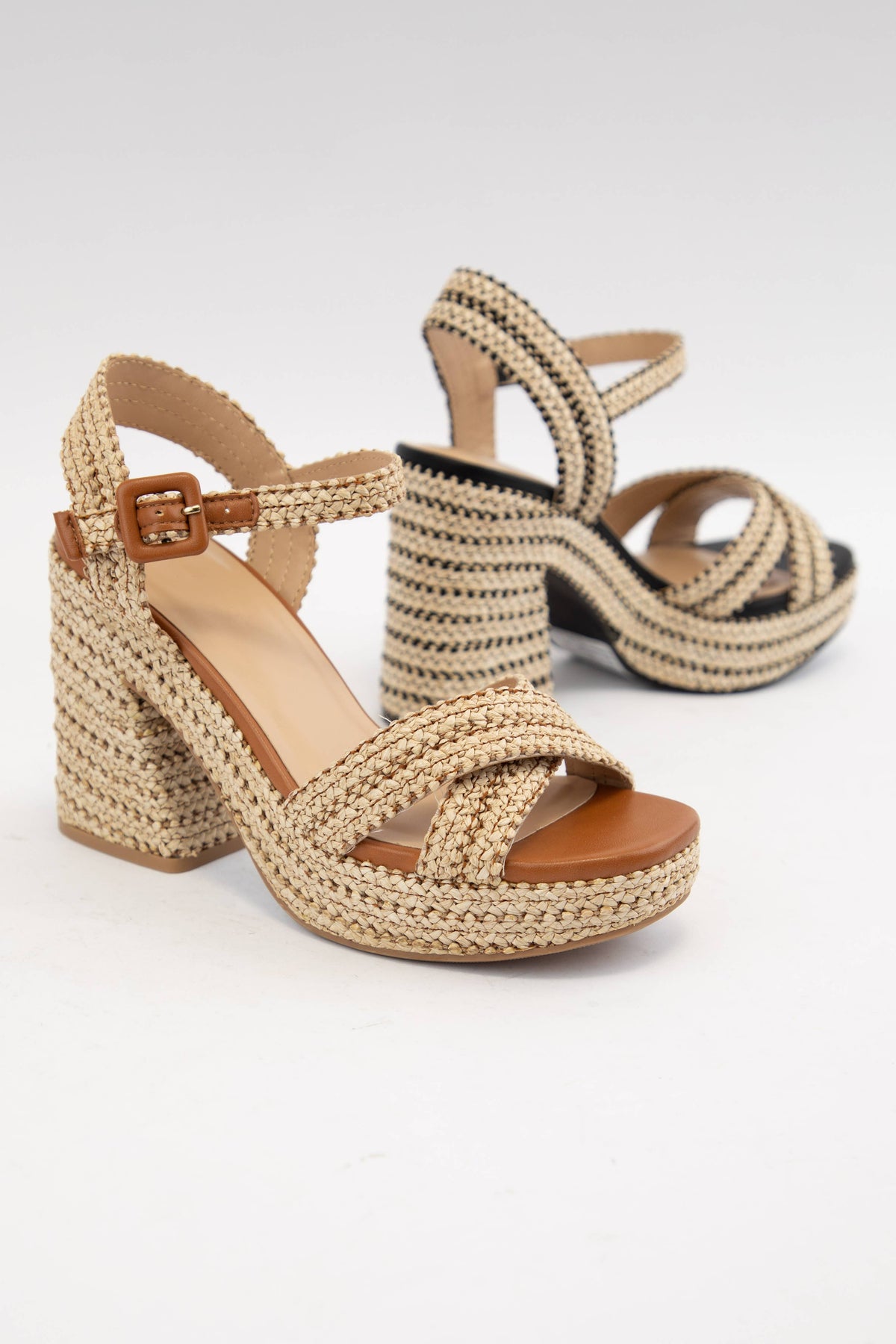 YARA RAFFIA WOVEN STRAP CHUNKY PLATFORM FLARE HEEL SANDAL