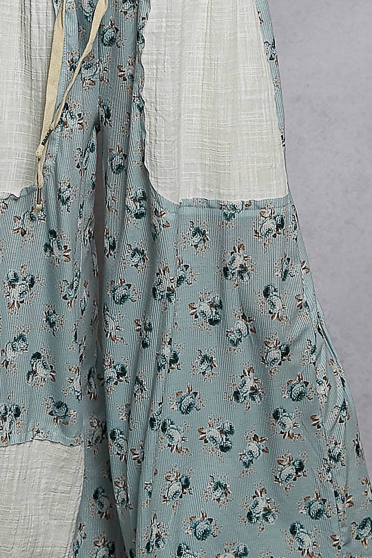 Linen Patch Outseam Detail Floral Wide Pants