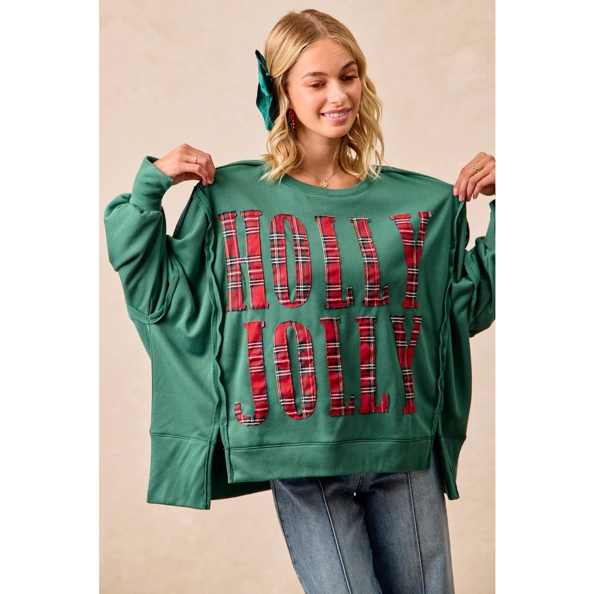 PLAID HOLLY JOLLY LETTERING SWEATSHIRT
