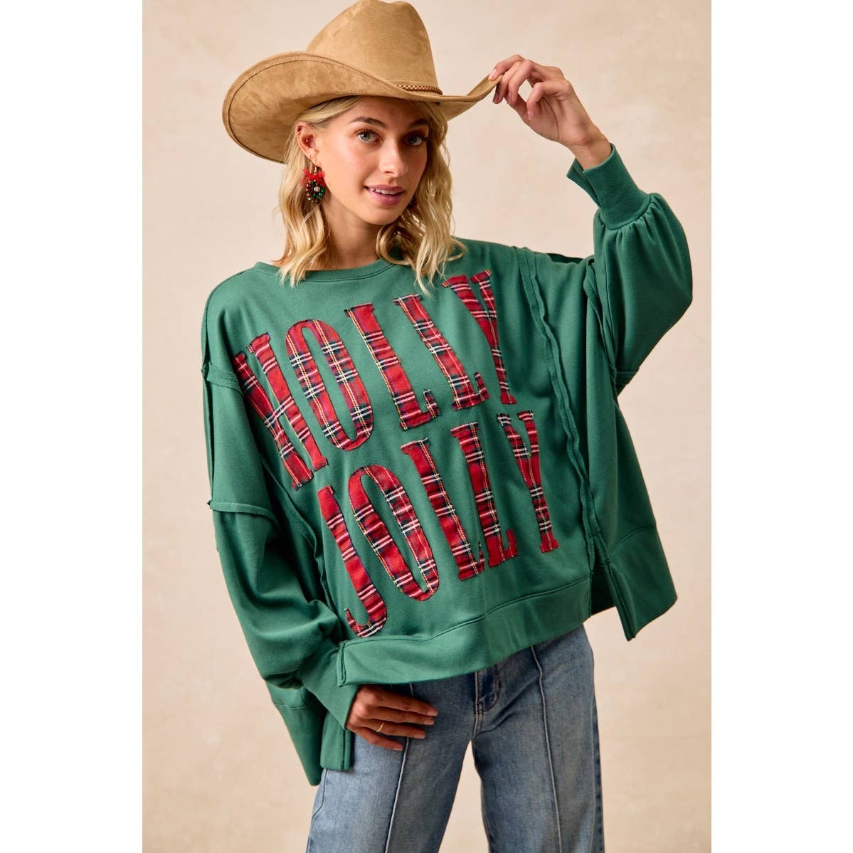 PLAID HOLLY JOLLY LETTERING SWEATSHIRT