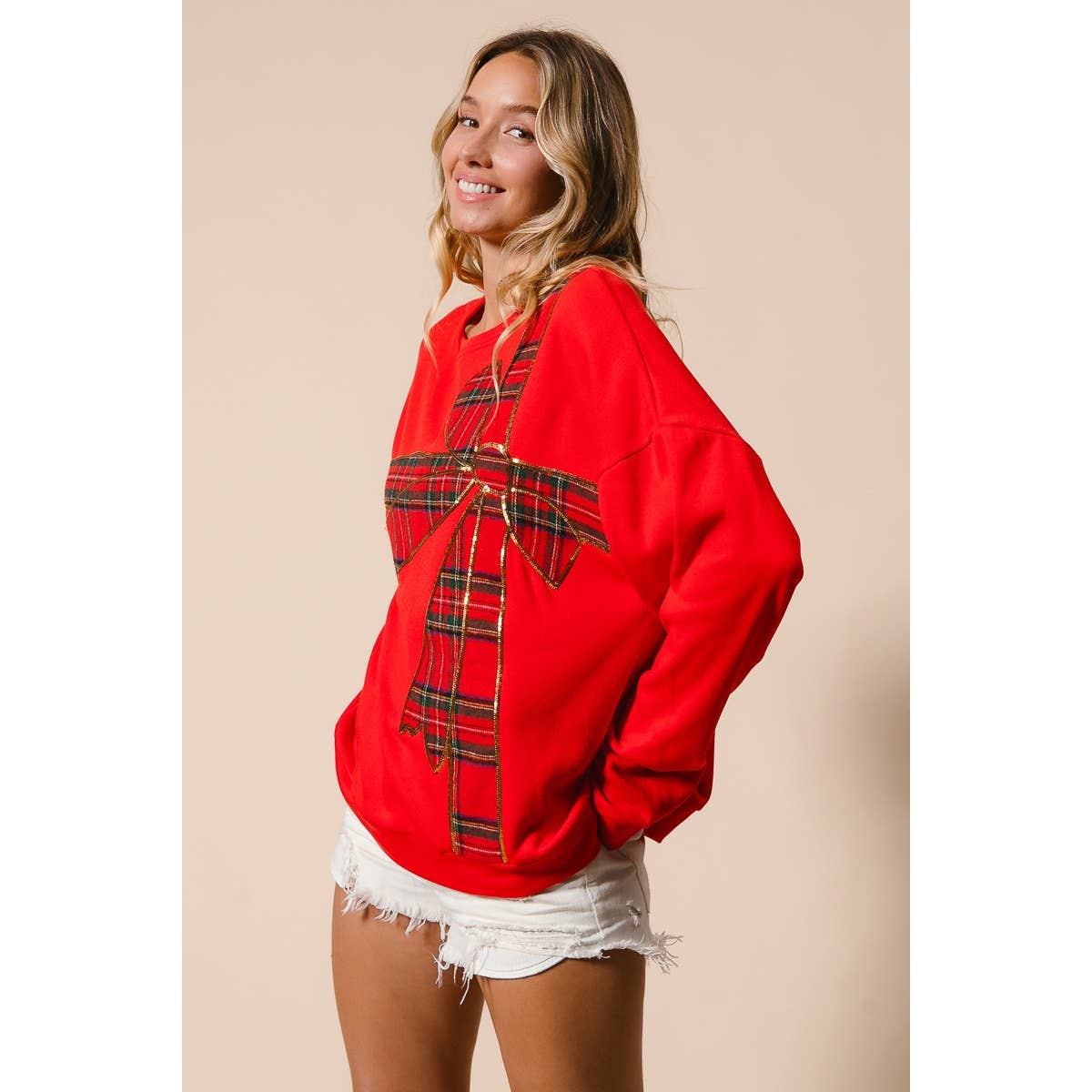 PLAID RIBBON BOW DETAIL PULLOVER