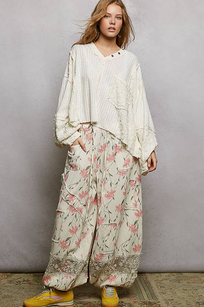 V-neck stitch detail Balloon Long Sleeve Crop Top