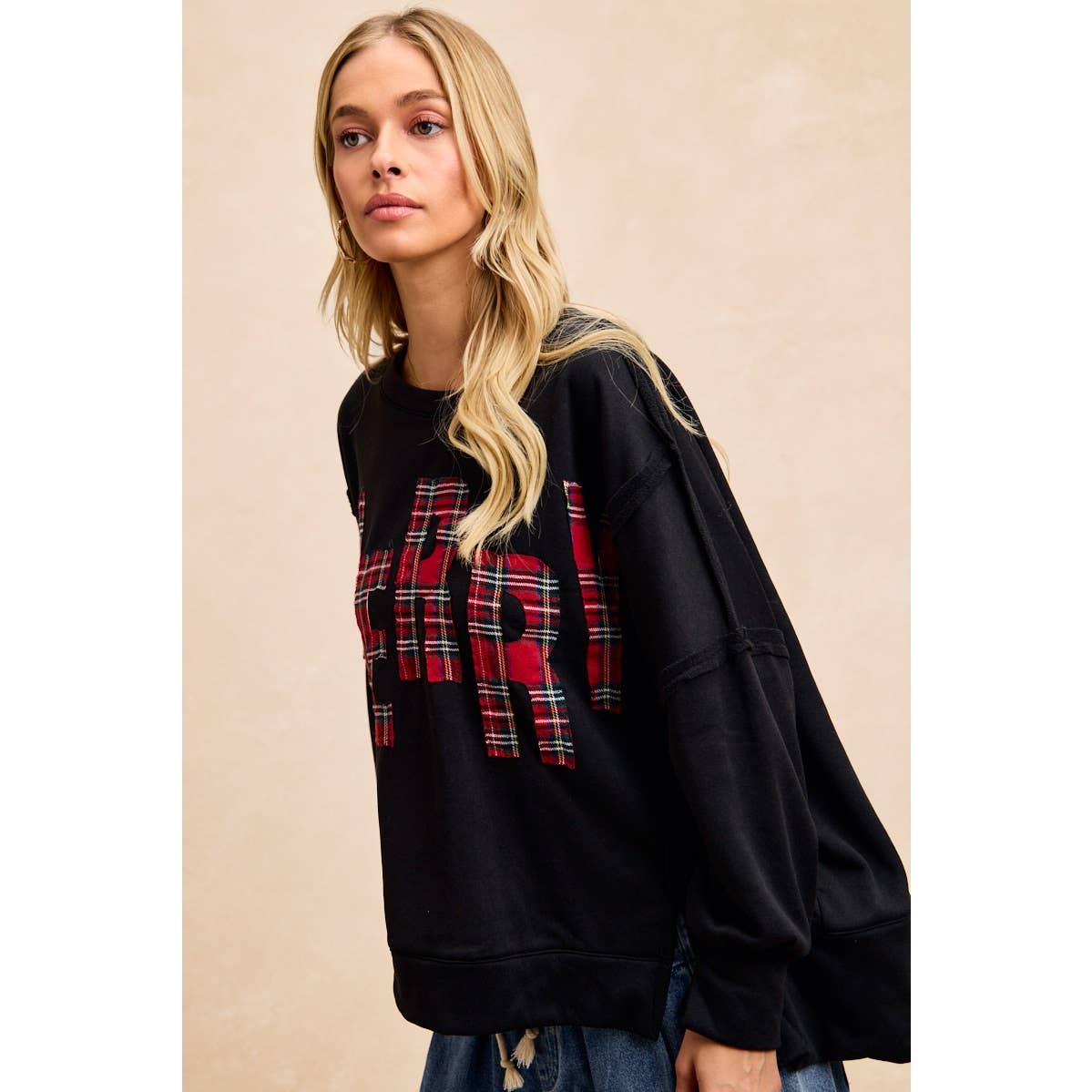 CHRISTMAS PLAID MERRY LETTERING FLEECE SWEATSHIRT