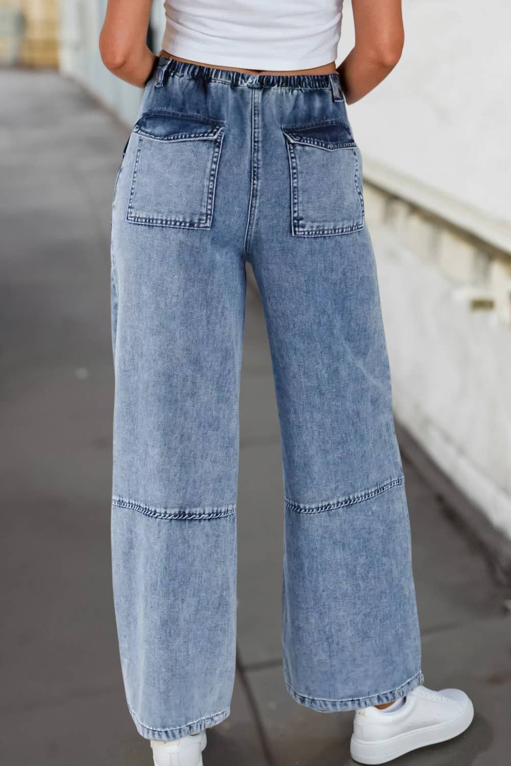 Acid Wash Exposed Seam Drawstring High Waist Jeans | 4-16