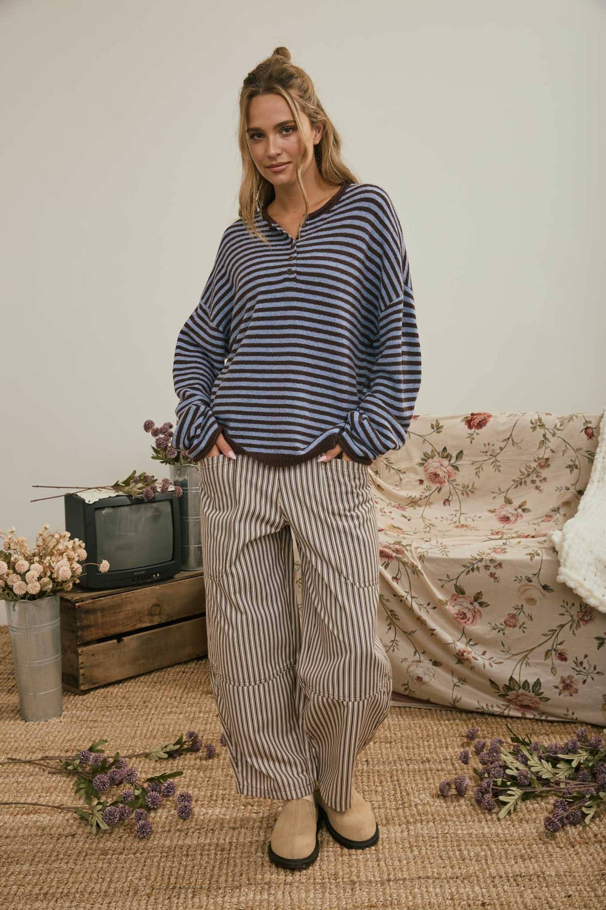 BUTTON HENLEY STRIPE LONG SLEEVE DROP SHOULDER SWEATER