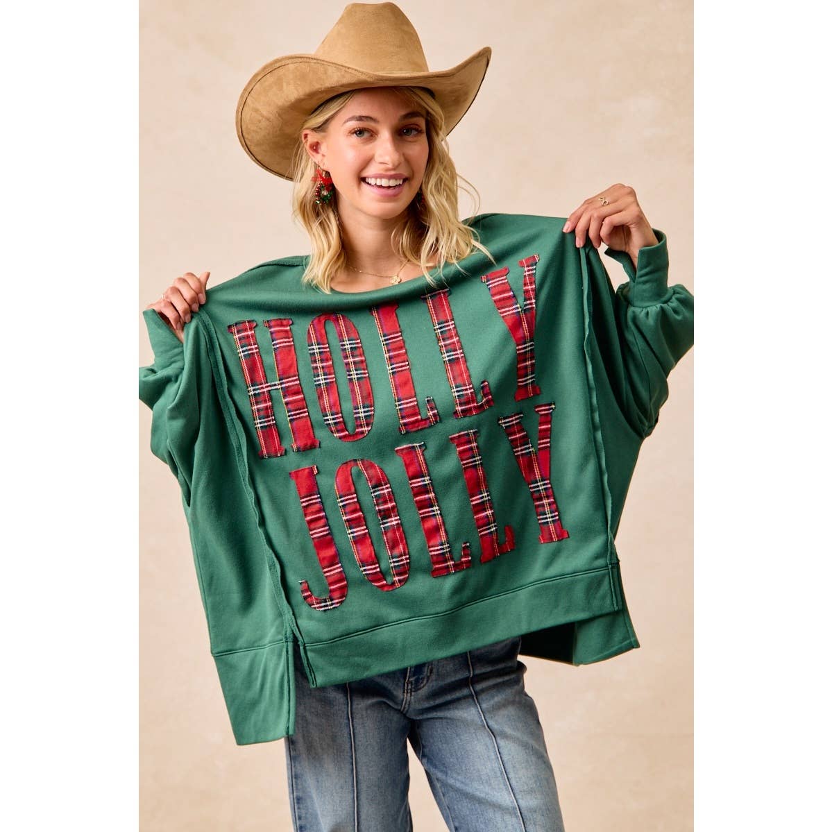 PLAID HOLLY JOLLY LETTERING SWEATSHIRT