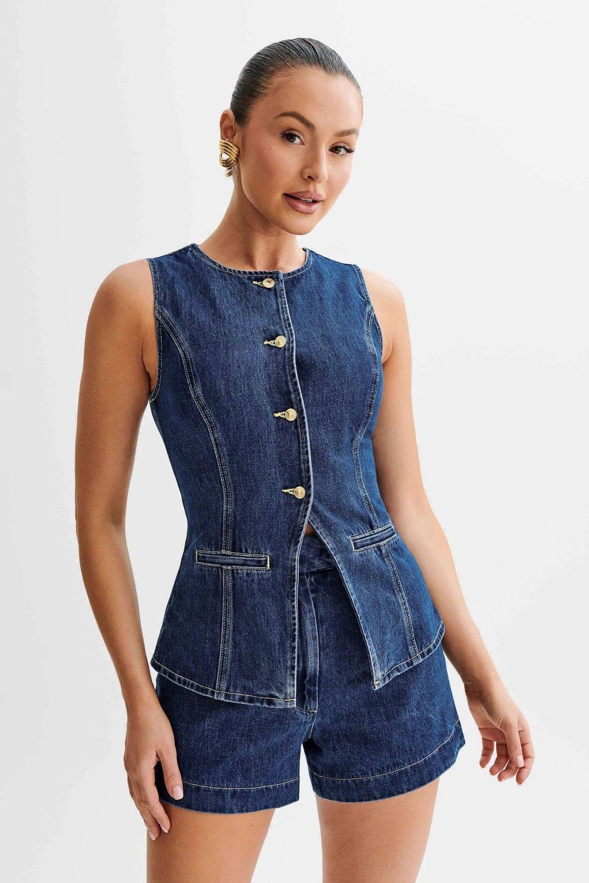 Casual Sleeveless Top High-Waist Denim Shorts Set