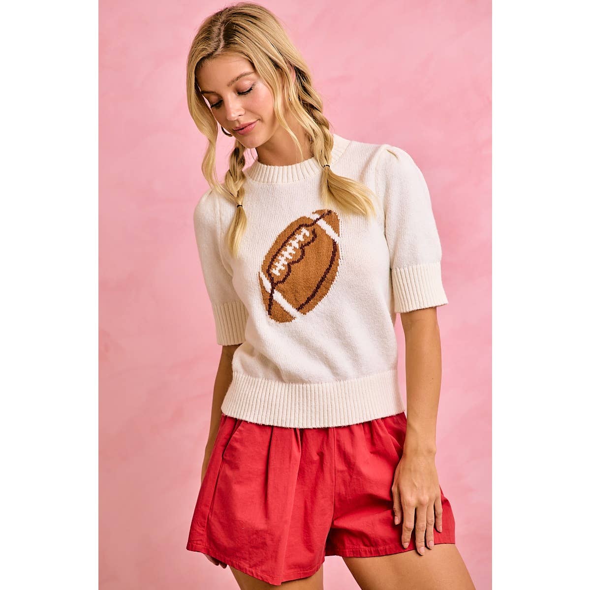 GAMEDAY THEME PUFF SLEEVES HALF SLEEVES KNIT TOP