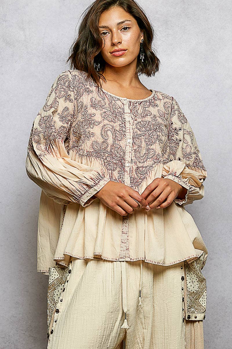 3/4 Sleeve Round Neck Vintage Washing Embroidered Shirt Top