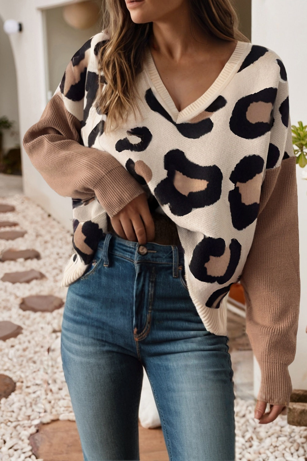 Print Color Block Patchwork Sleeve V Neck Sweater