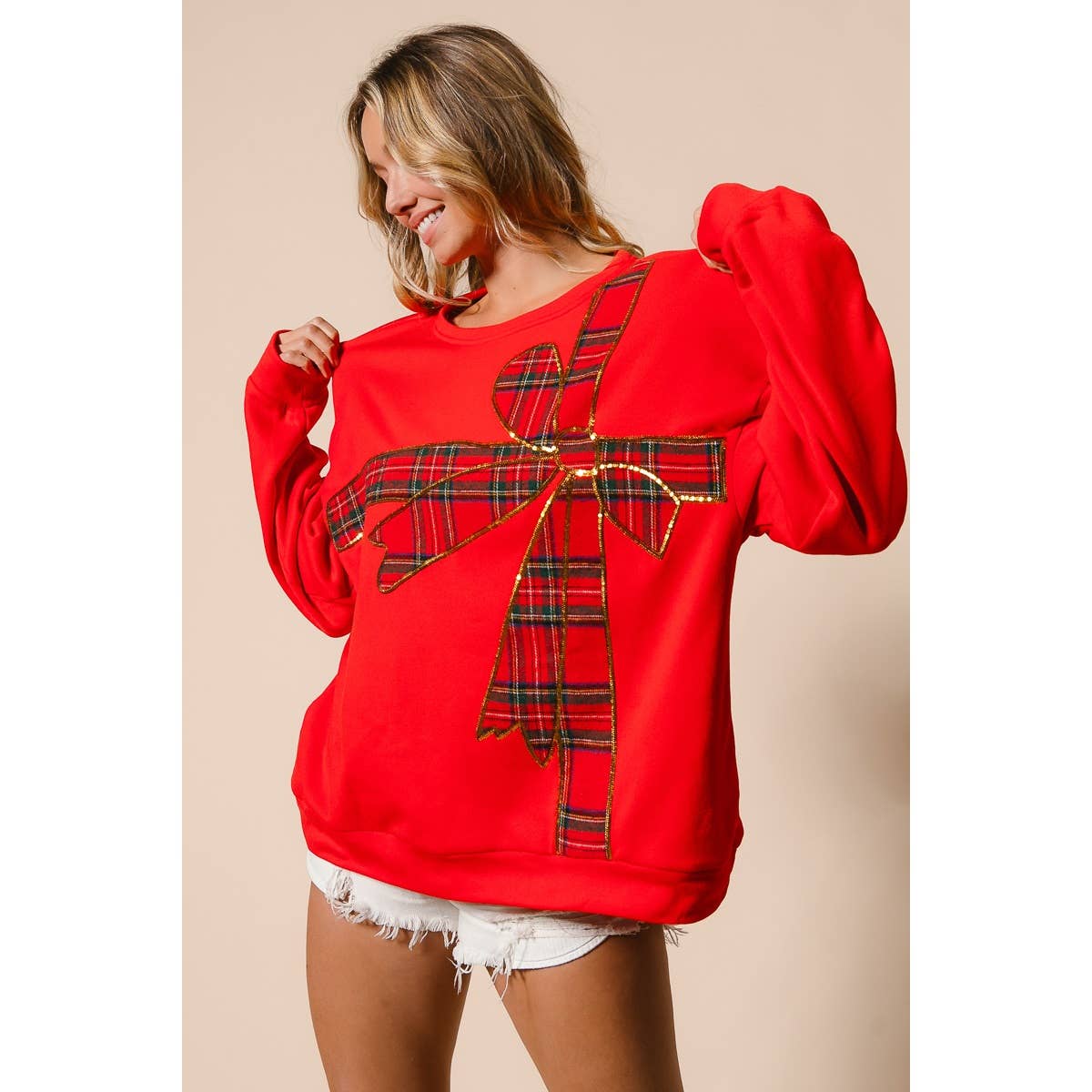 PLAID RIBBON BOW DETAIL PULLOVER