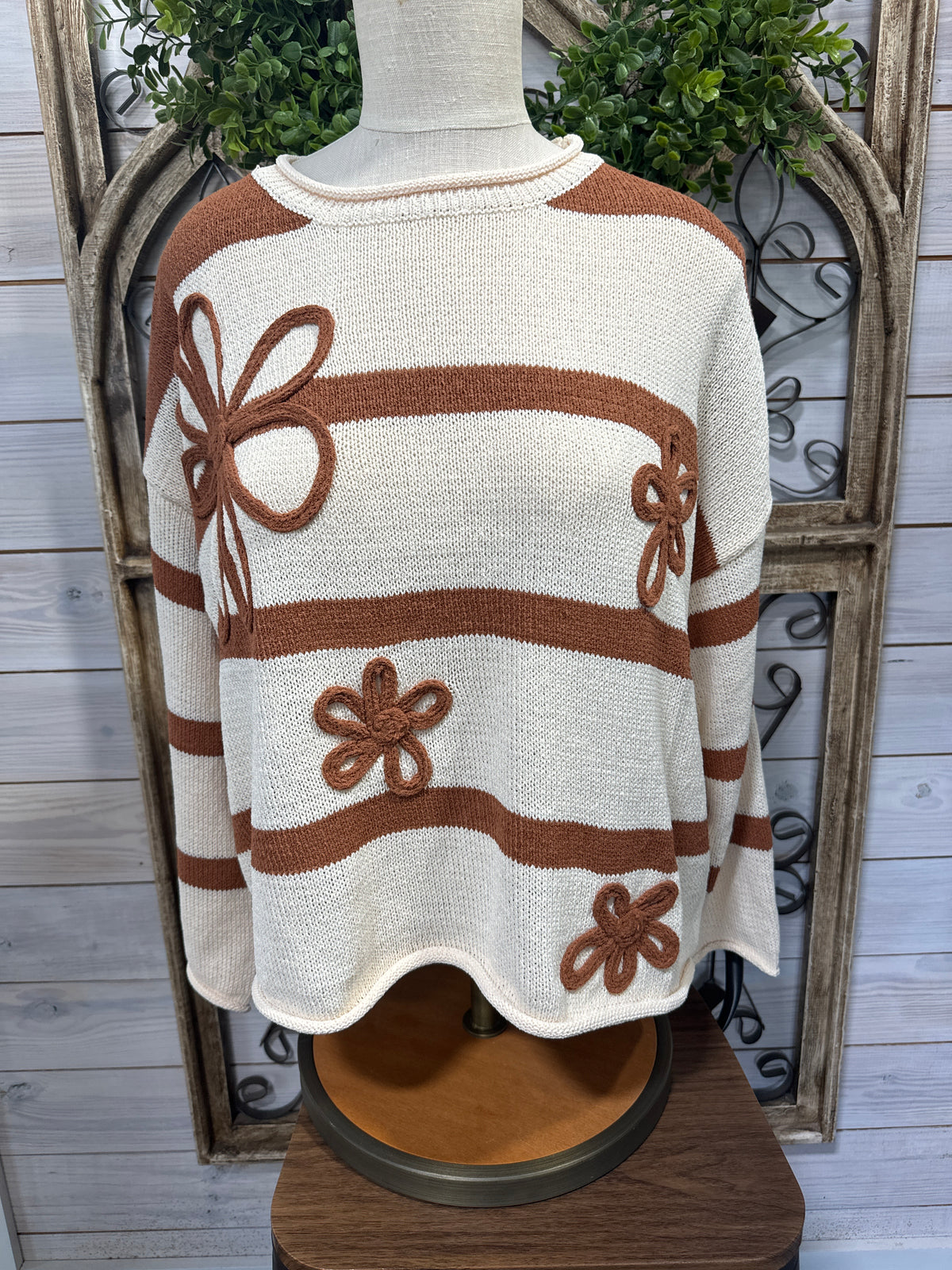 Daisy Striped Round Neck Knit Sweater