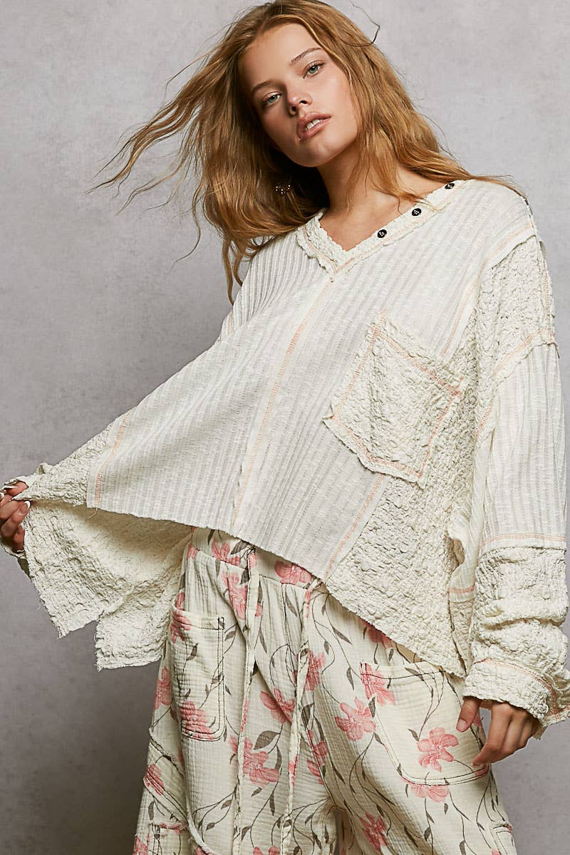 V-neck stitch detail Balloon Long Sleeve Crop Top