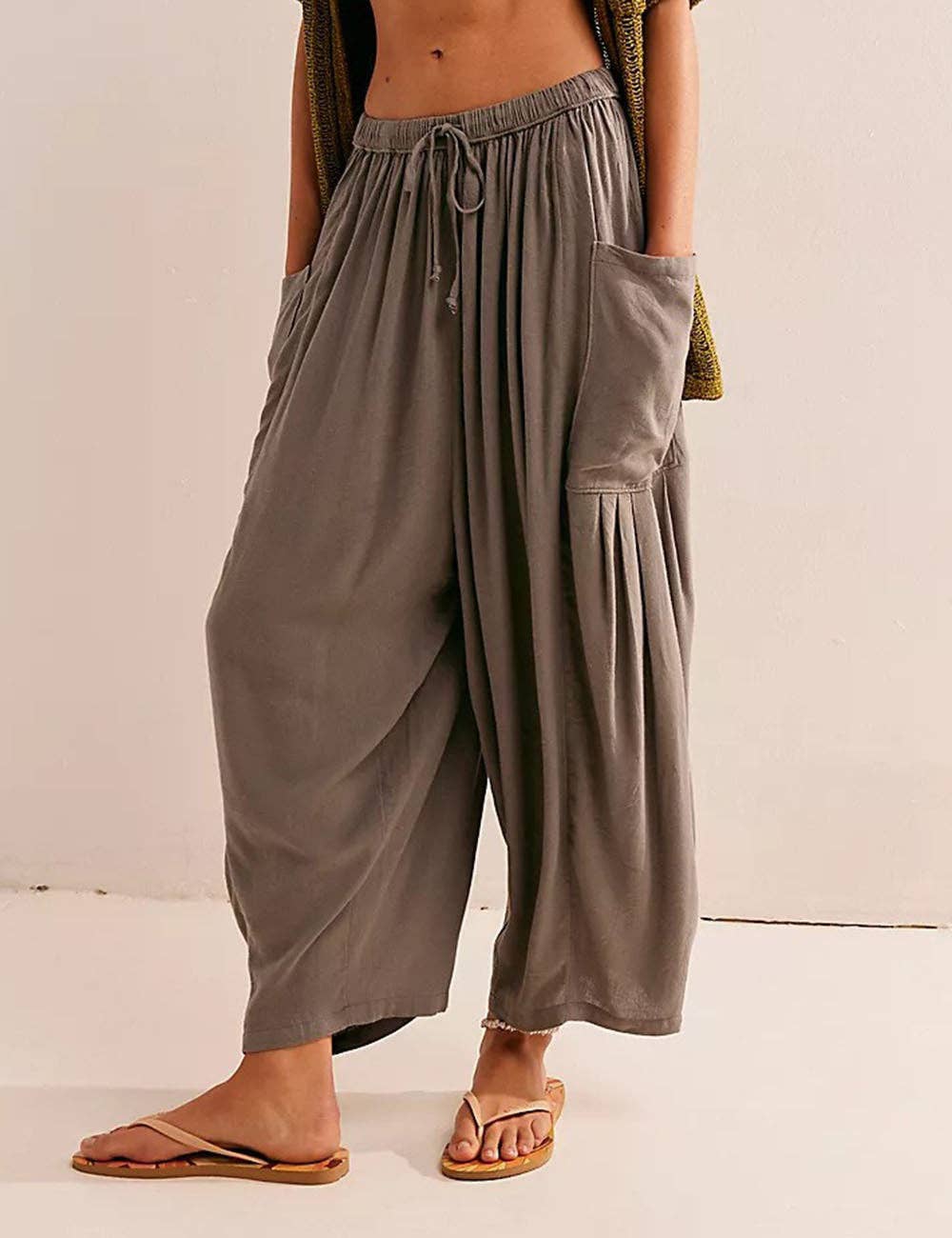Solid Color String Elastic Waist Loose Pants