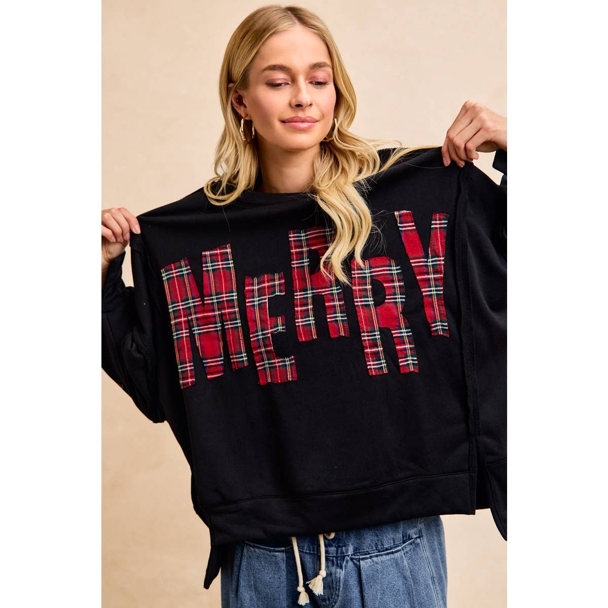 CHRISTMAS PLAID MERRY LETTERING FLEECE SWEATSHIRT