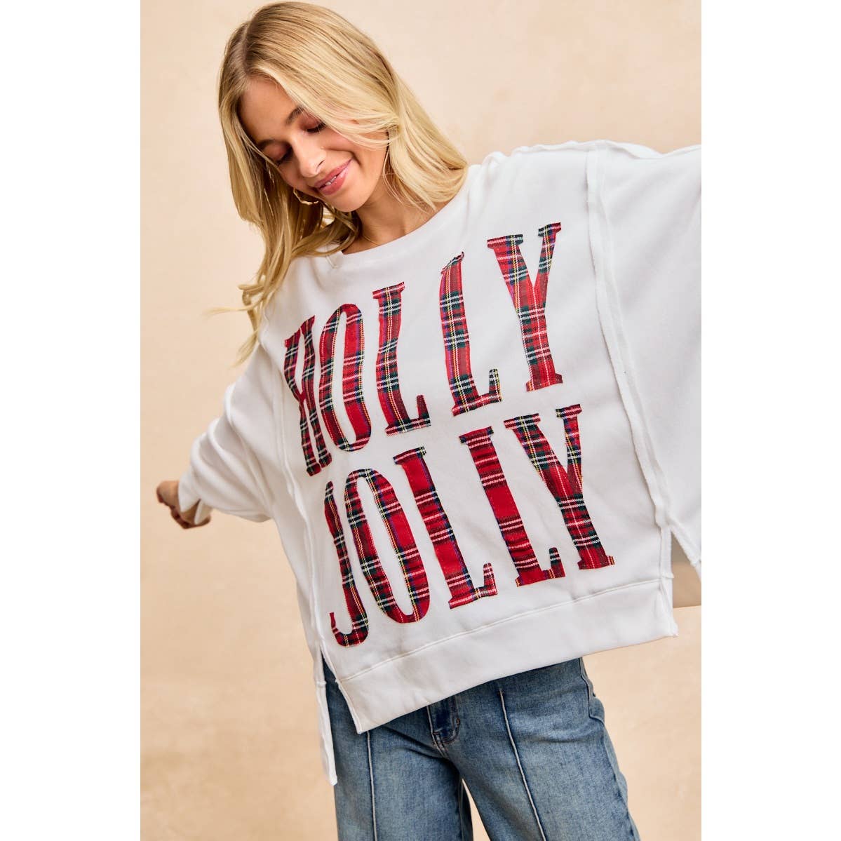 PLAID HOLLY JOLLY LETTERING SWEATSHIRT