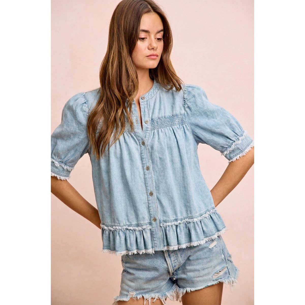 WASHED LIGHT DENIM SMOCKED DETAIL RUFFLED HEM TOP