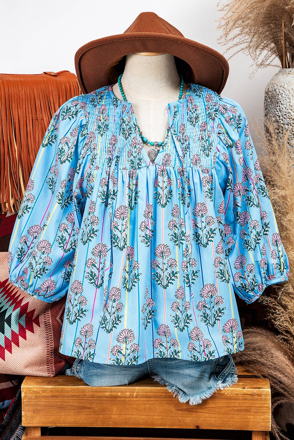 Fashion-W Floral Stripe Print Shirred Yoke Split Neck Blouse