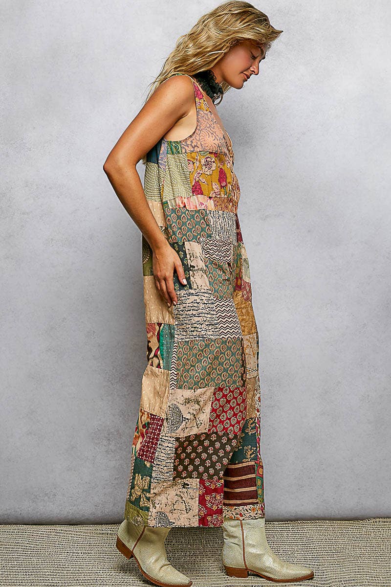 V-neck Sleeveless Varied Patchwork Dual Patch Pocket Overall