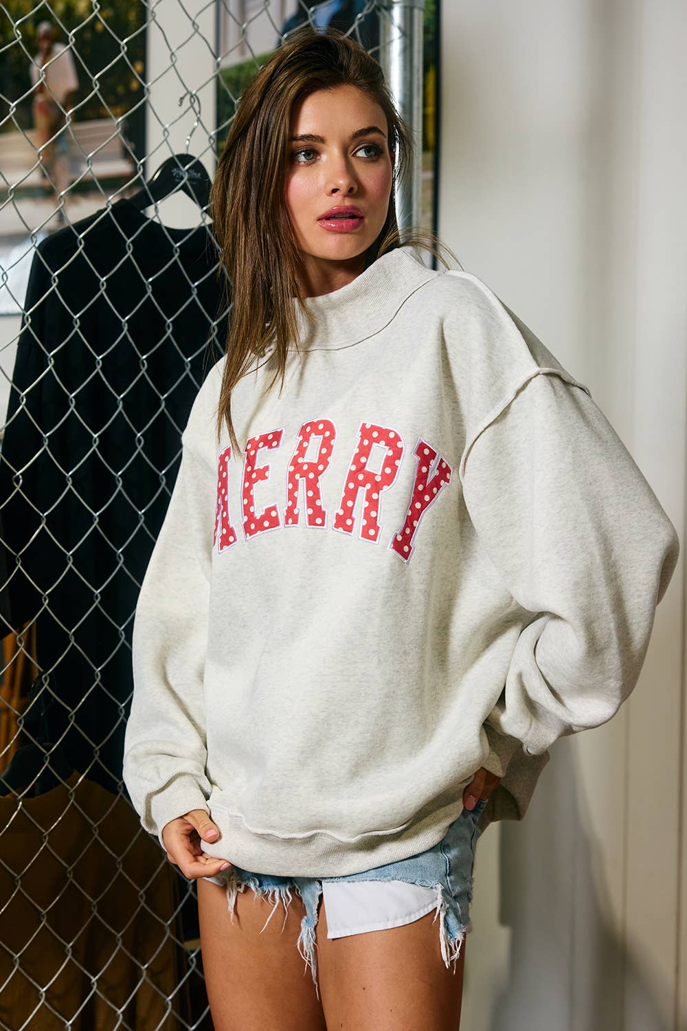 IT2594E-MERRYW | "MERRY" Varsity Mock Neck Sweatshirt