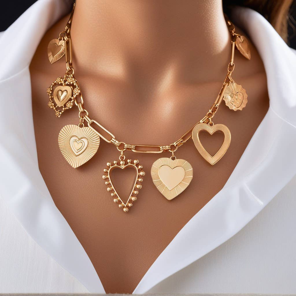 CHARM NECKLACE-MULTI BOLD HEART CHARM NECKLACE | 40NK9583