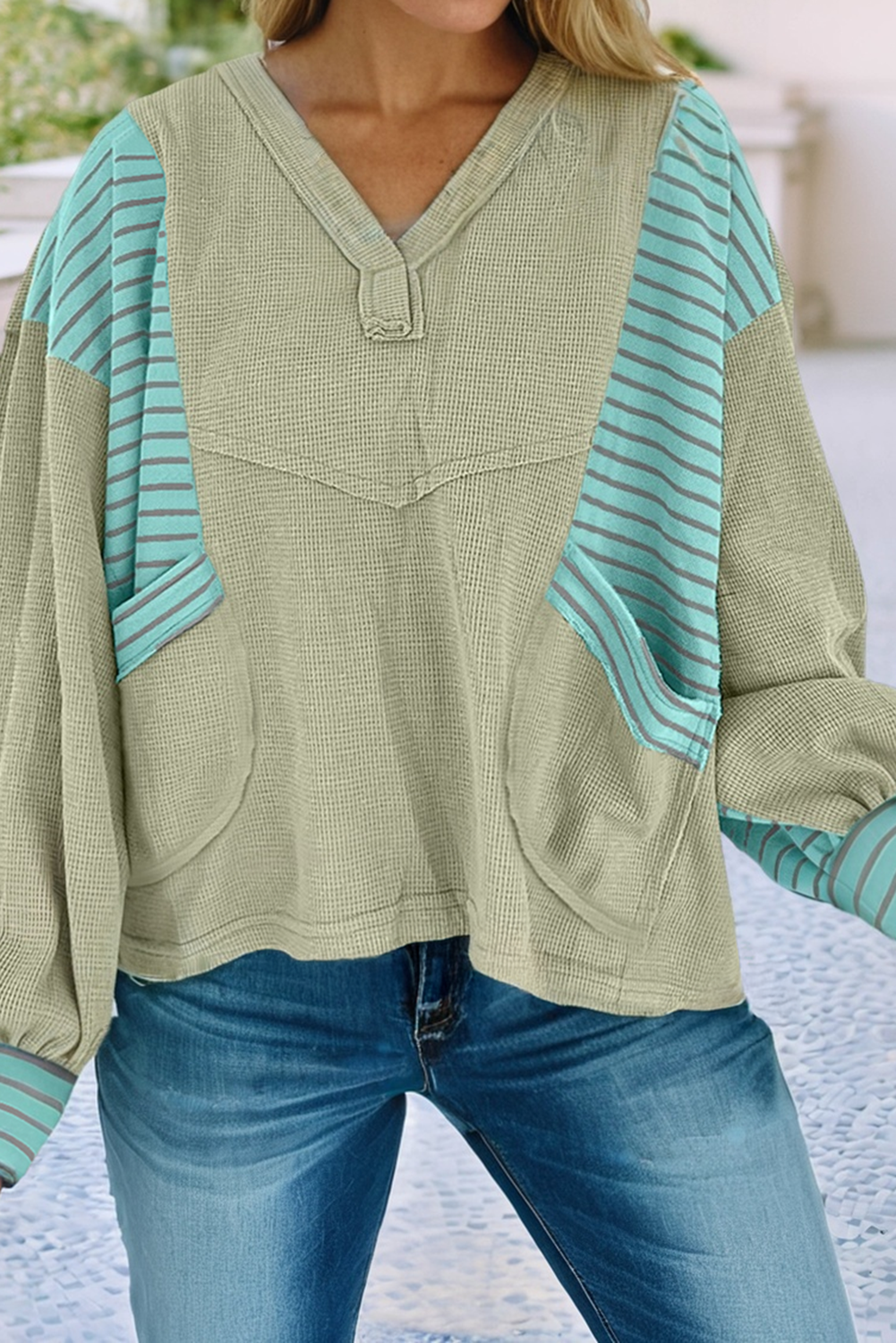 Exposed Seam Waffle Striped Patchwork Baggy Pullover