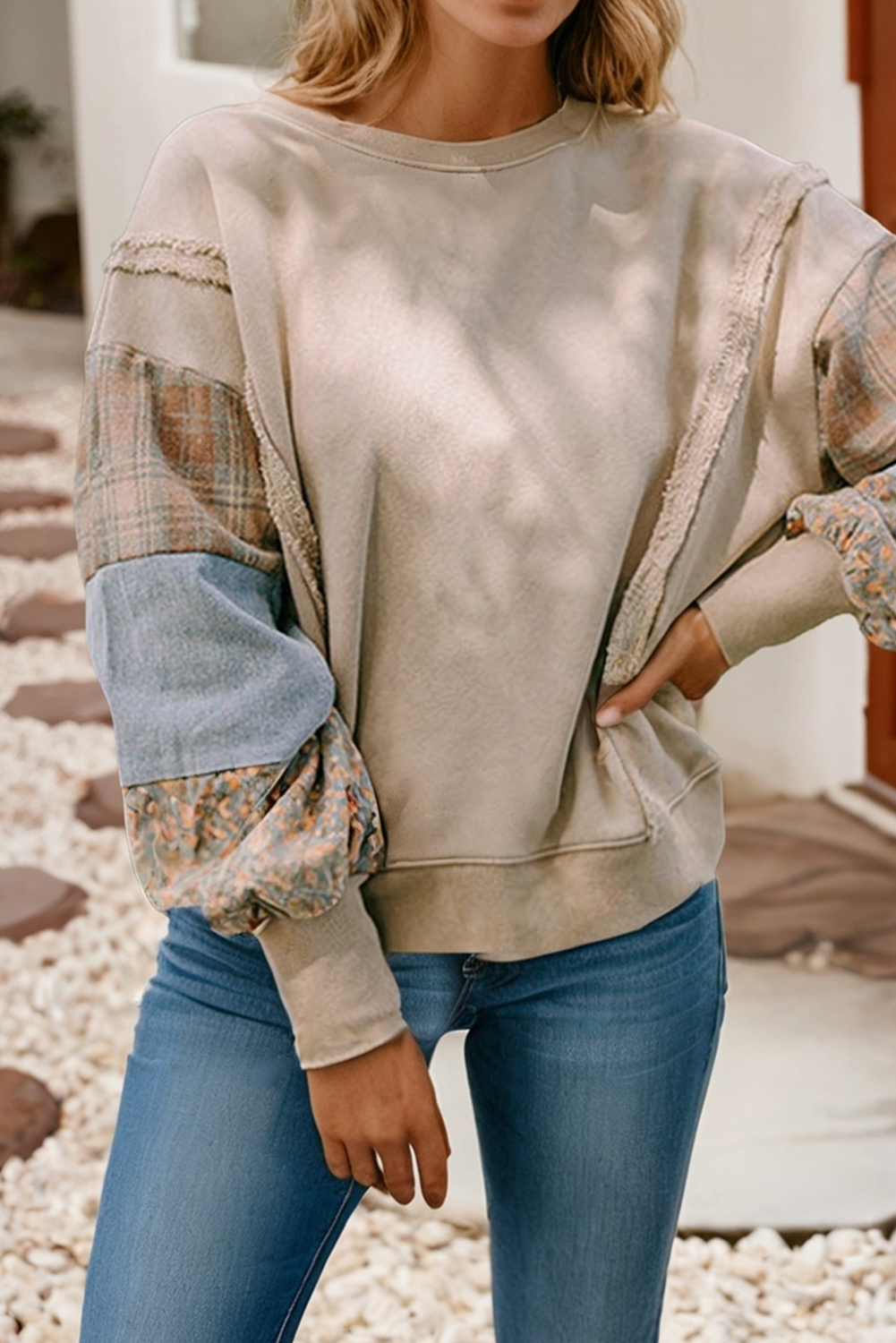 Sandalwood Plaid Patchwork Sleeve Raw Seam Sweatshirt