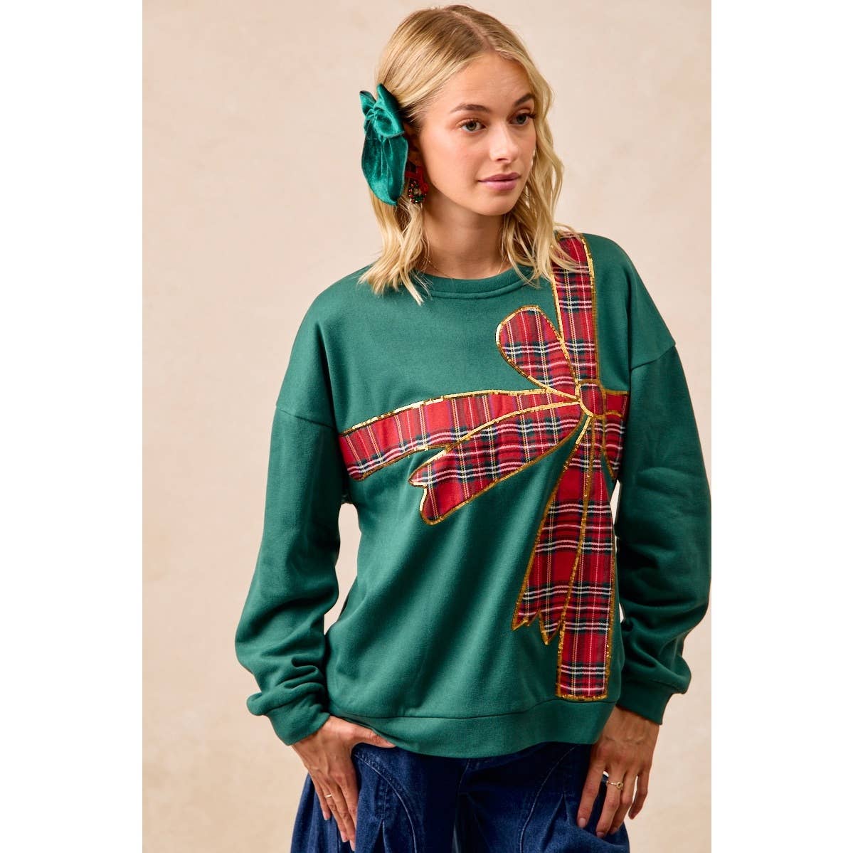 PLAID RIBBON BOW DETAIL PULLOVER