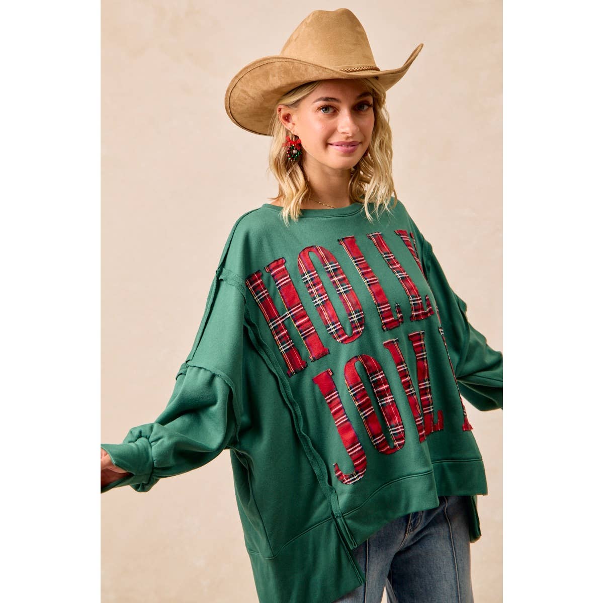 PLAID HOLLY JOLLY LETTERING SWEATSHIRT