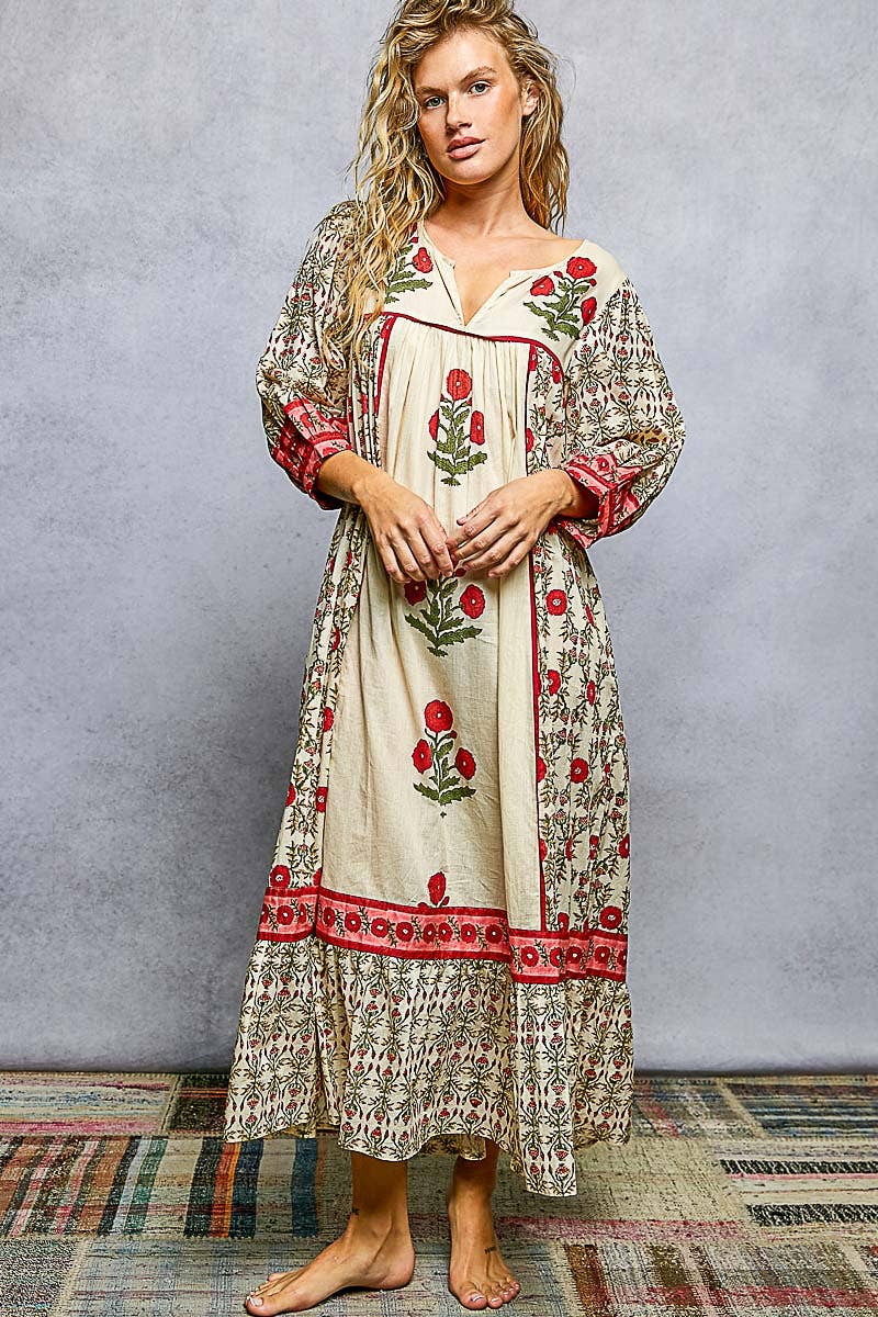 Floral Shirring 3/4 Sleeve Flowy Maxi Dress