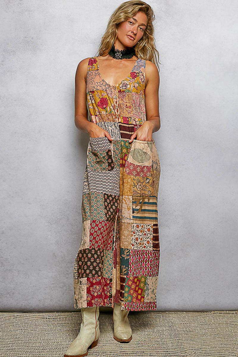 V-neck Sleeveless Varied Patchwork Dual Patch Pocket Overall