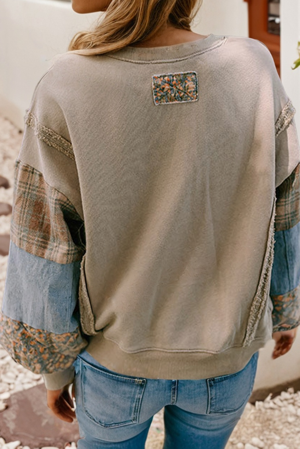 Sandalwood Plaid Patchwork Sleeve Raw Seam Sweatshirt
