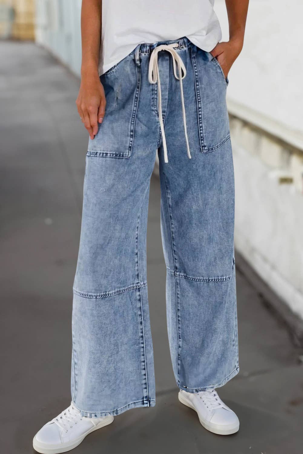 Acid Wash Exposed Seam Drawstring High Waist Jeans | 4-16