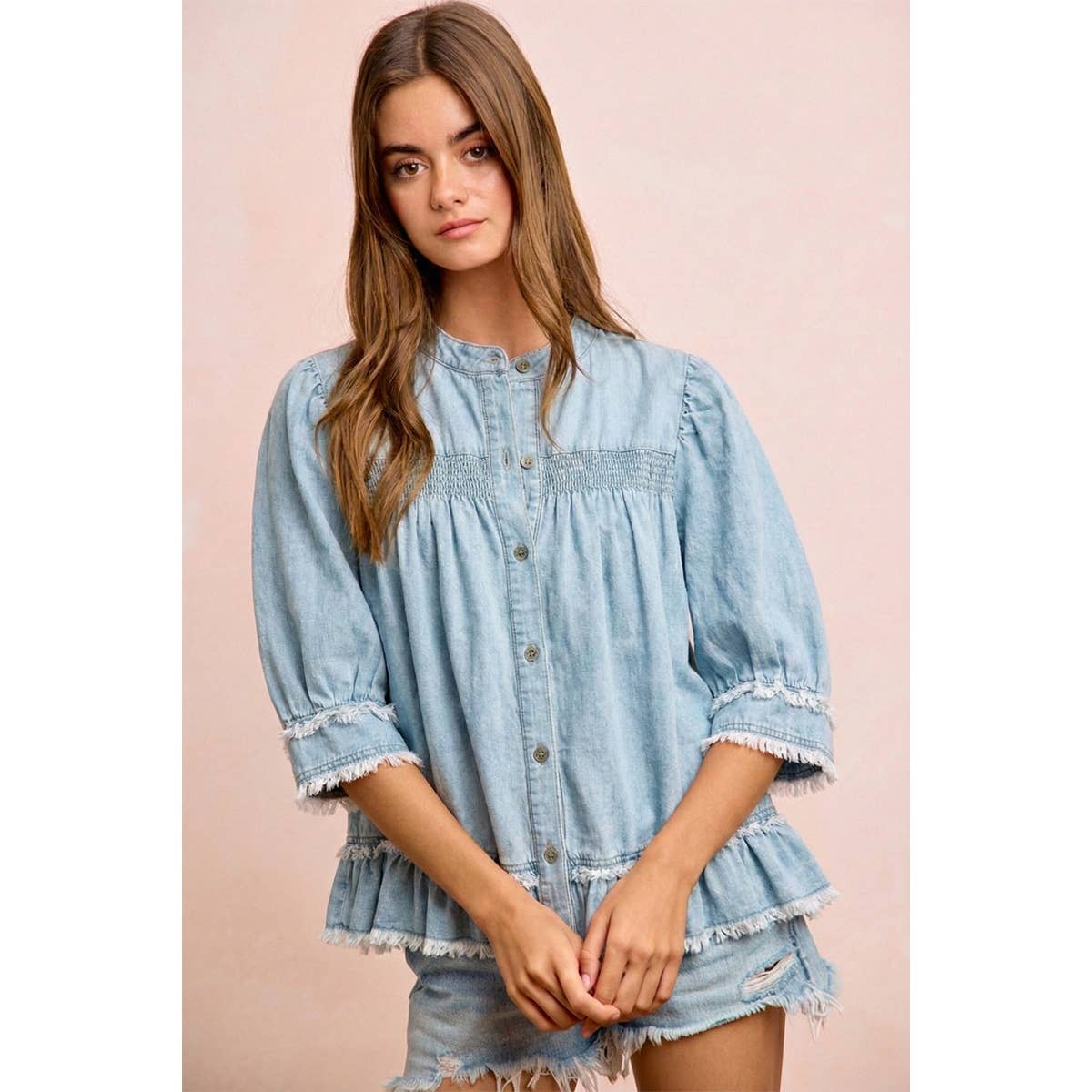 WASHED LIGHT DENIM SMOCKED DETAIL RUFFLED HEM TOP