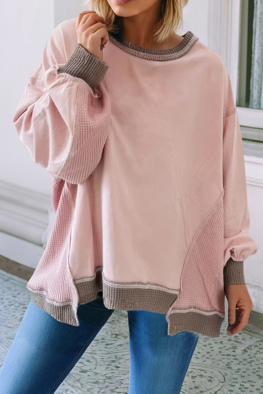 Block Mix Texture Waffle Patchwork Oversize Sweatshirt