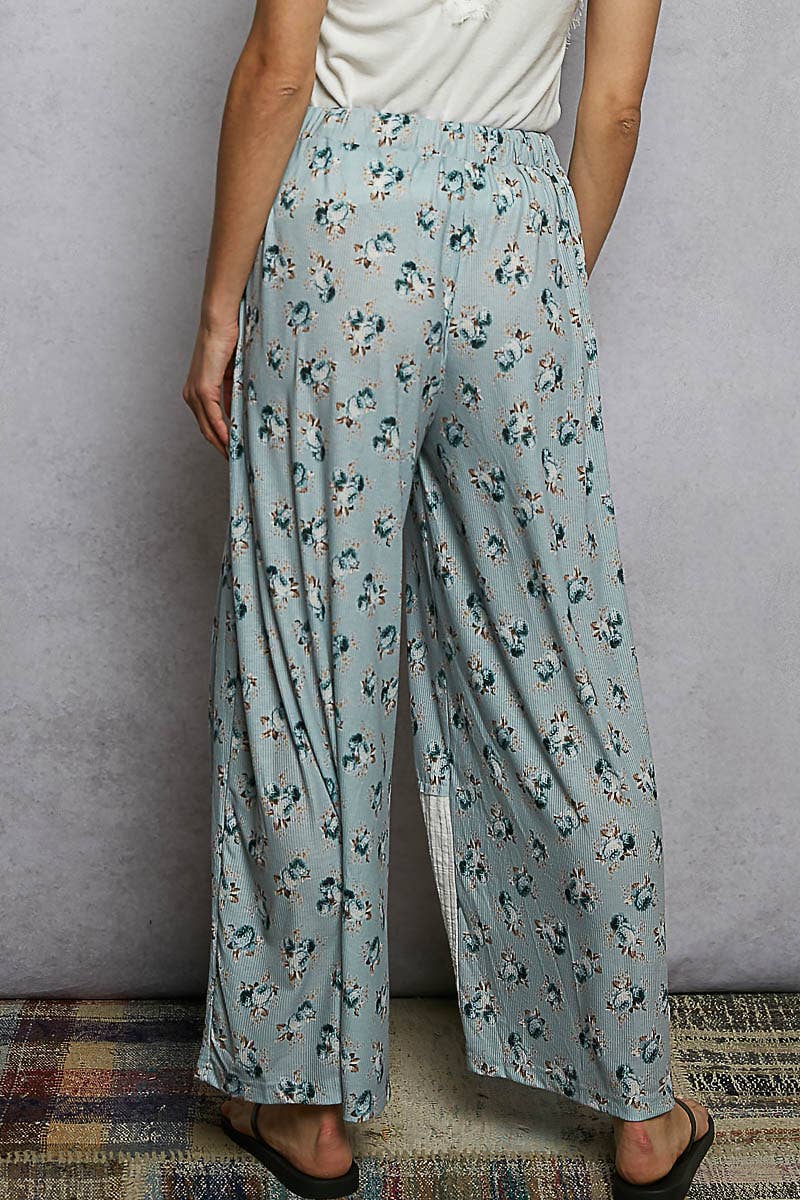 Linen Patch Outseam Detail Floral Wide Pants