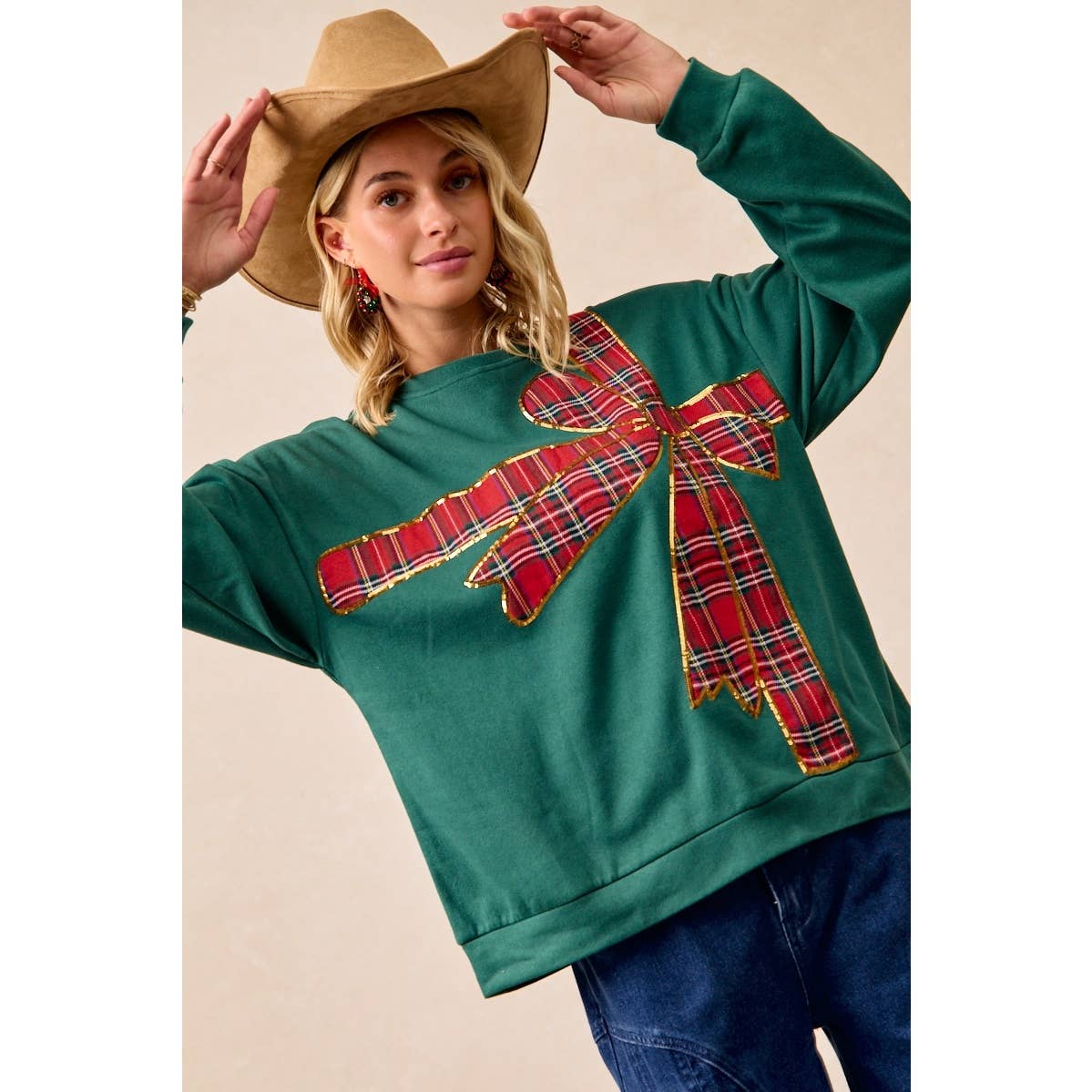 PLAID RIBBON BOW DETAIL PULLOVER