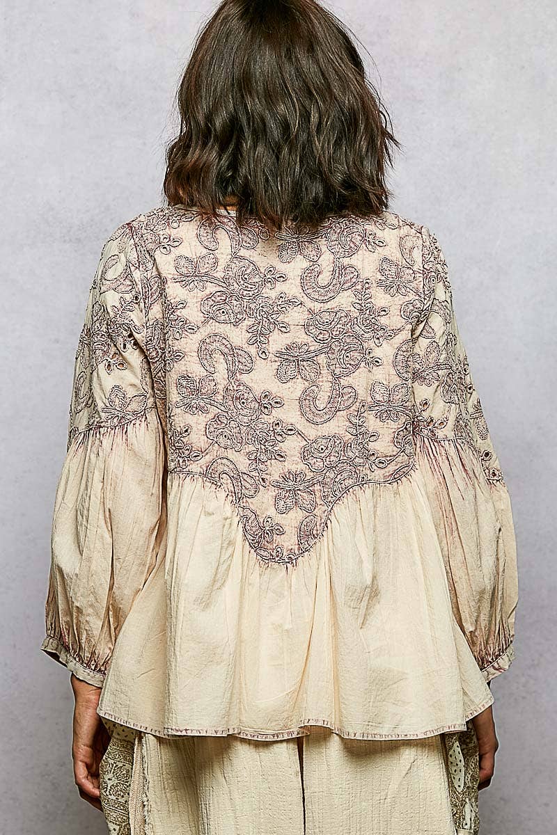 3/4 Sleeve Round Neck Vintage Washing Embroidered Shirt Top