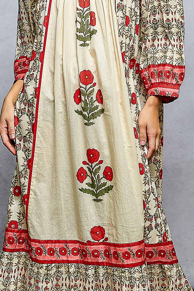 Floral Shirring 3/4 Sleeve Flowy Maxi Dress