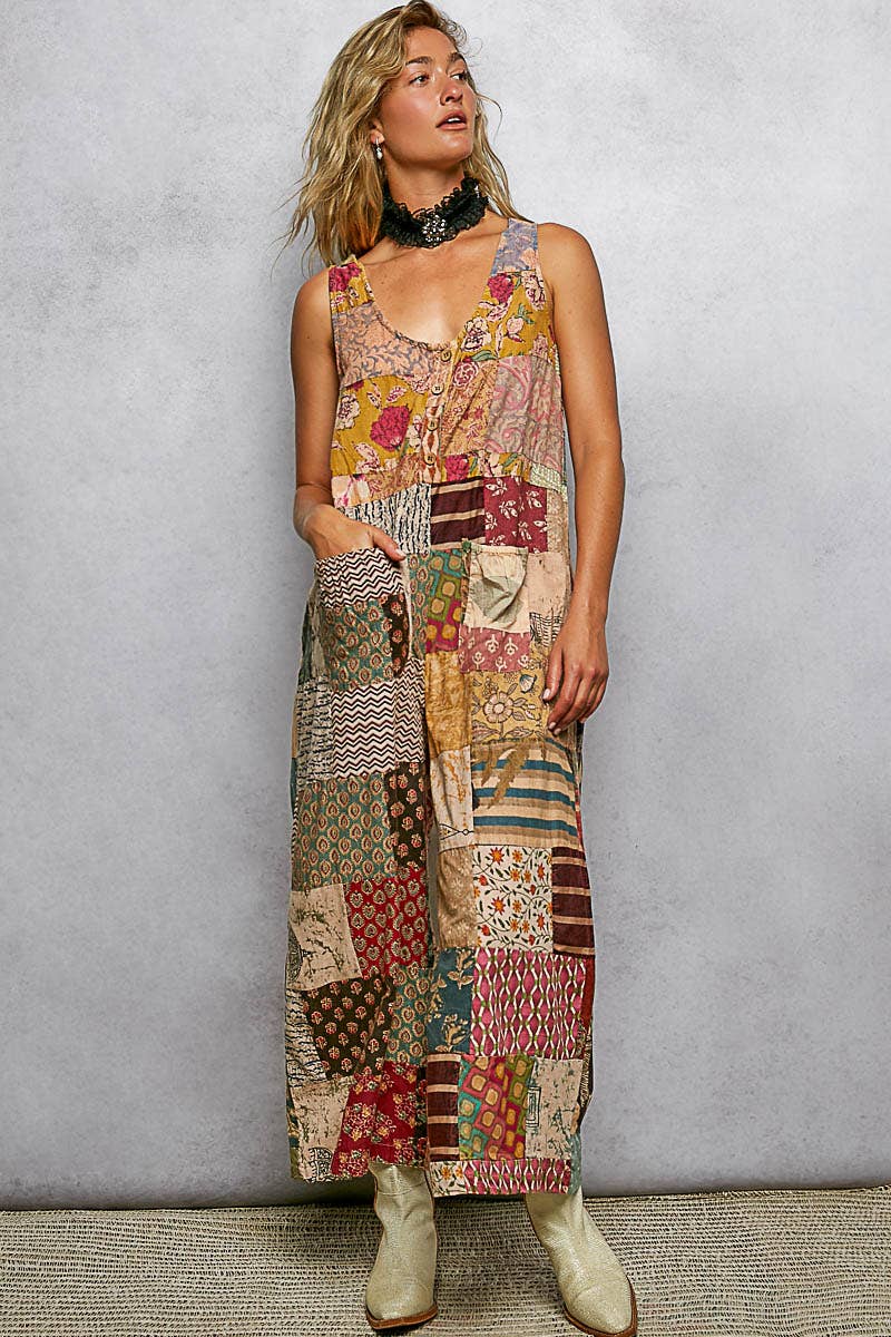V-neck Sleeveless Varied Patchwork Dual Patch Pocket Overall
