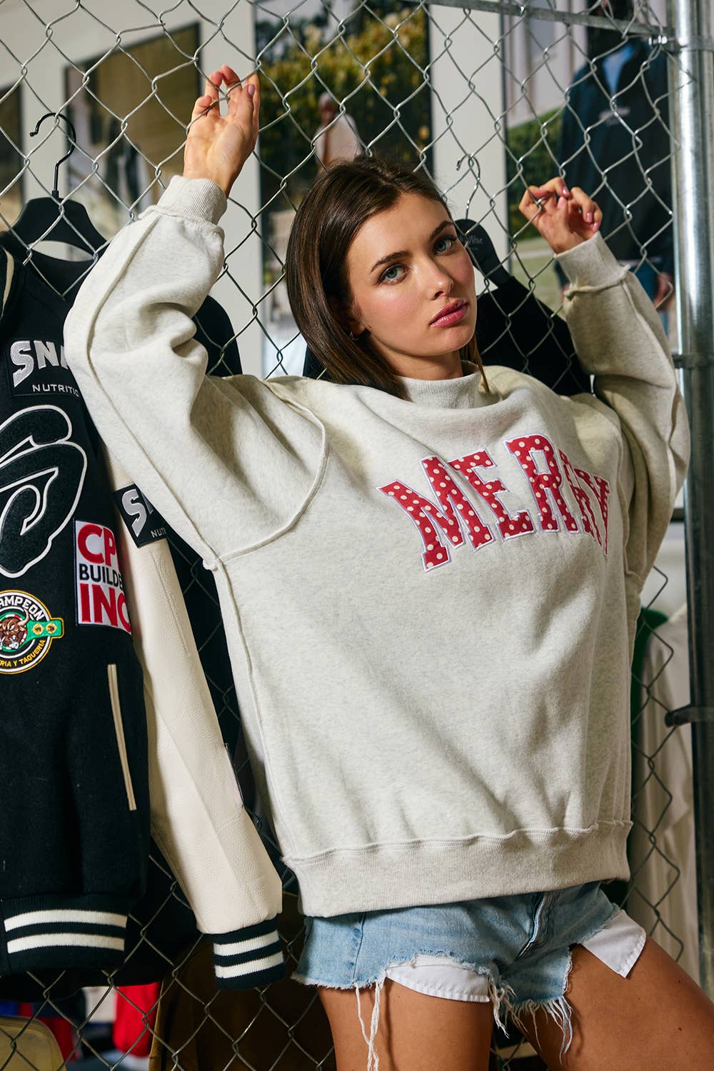 IT2594E-MERRYW | "MERRY" Varsity Mock Neck Sweatshirt