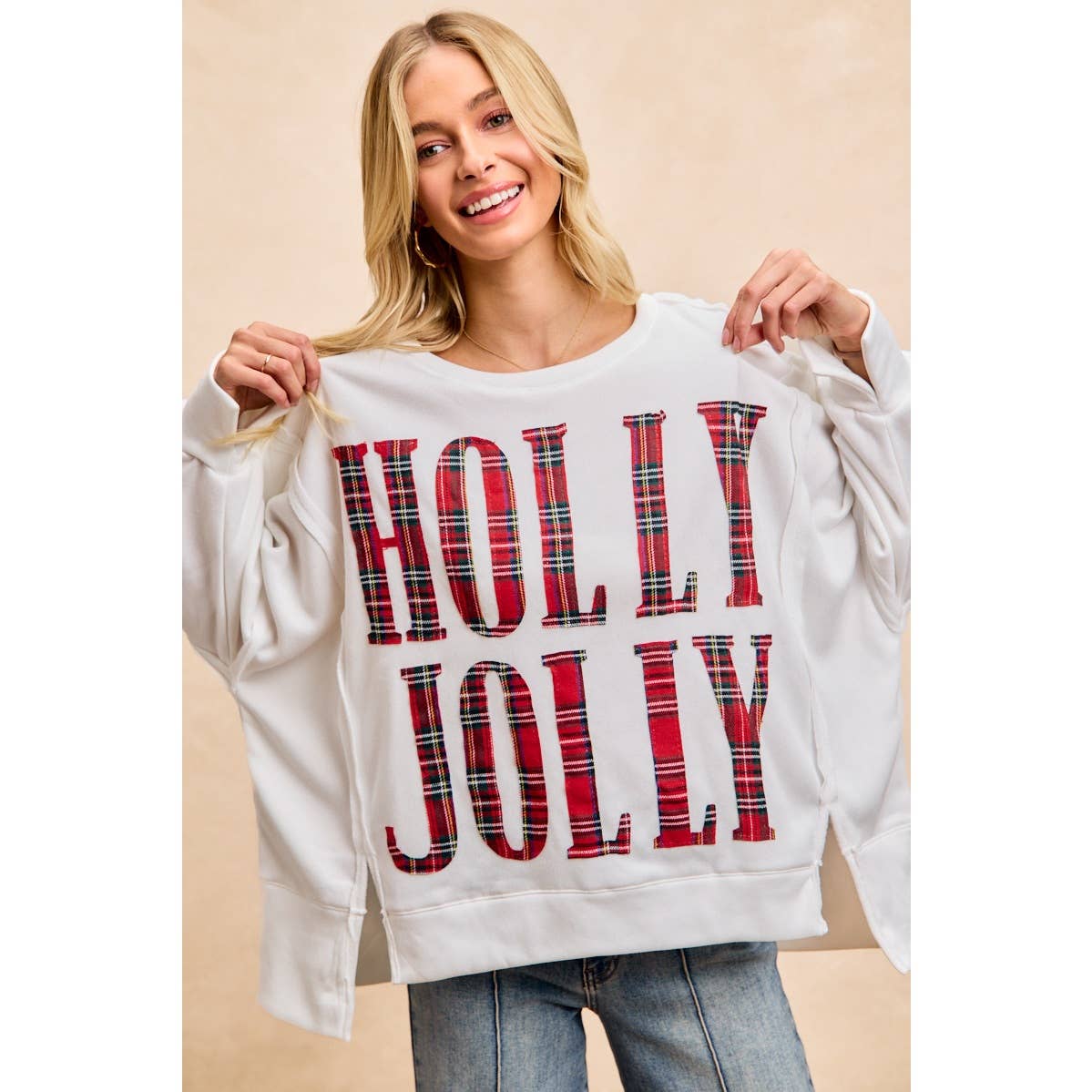 PLAID HOLLY JOLLY LETTERING SWEATSHIRT