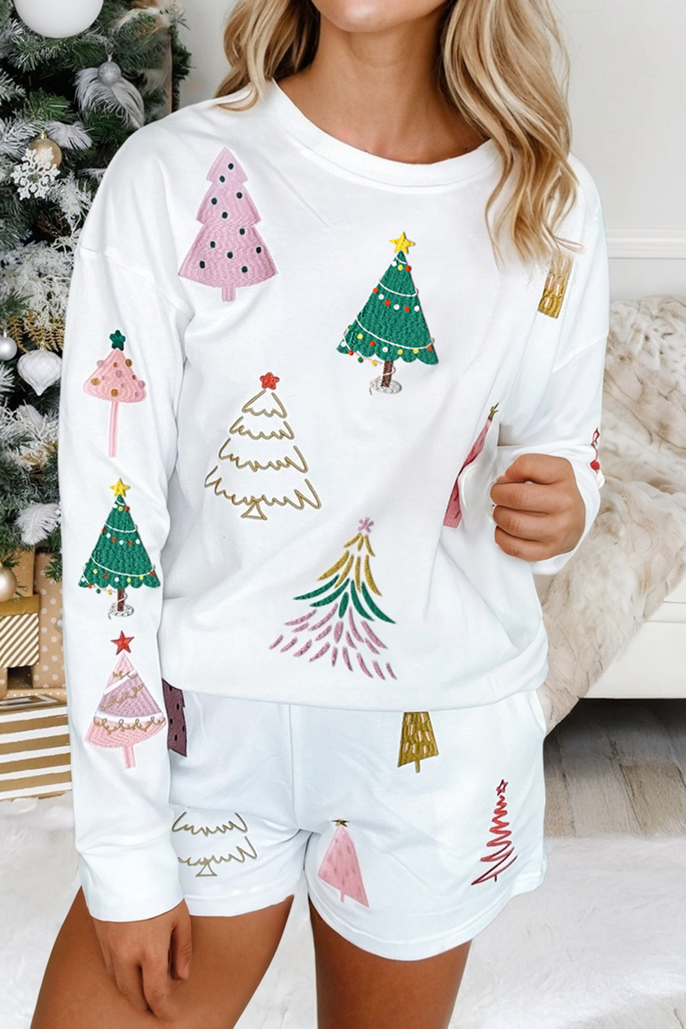 Tree Long Sleeve Top and Shorts 2pcs Lounge Set