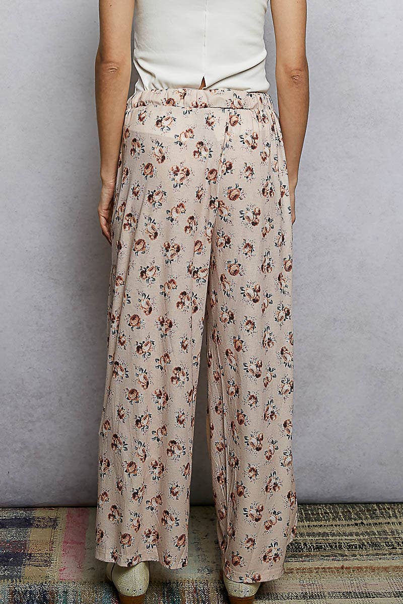 Linen Patch Outseam Detail Floral Wide Pants