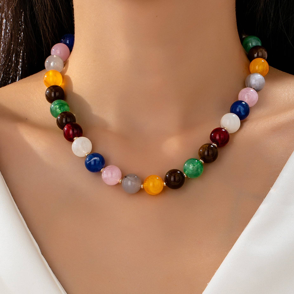 HIGH GLOSSY MULTI COLOR BEADED CHAIN NECKALCE