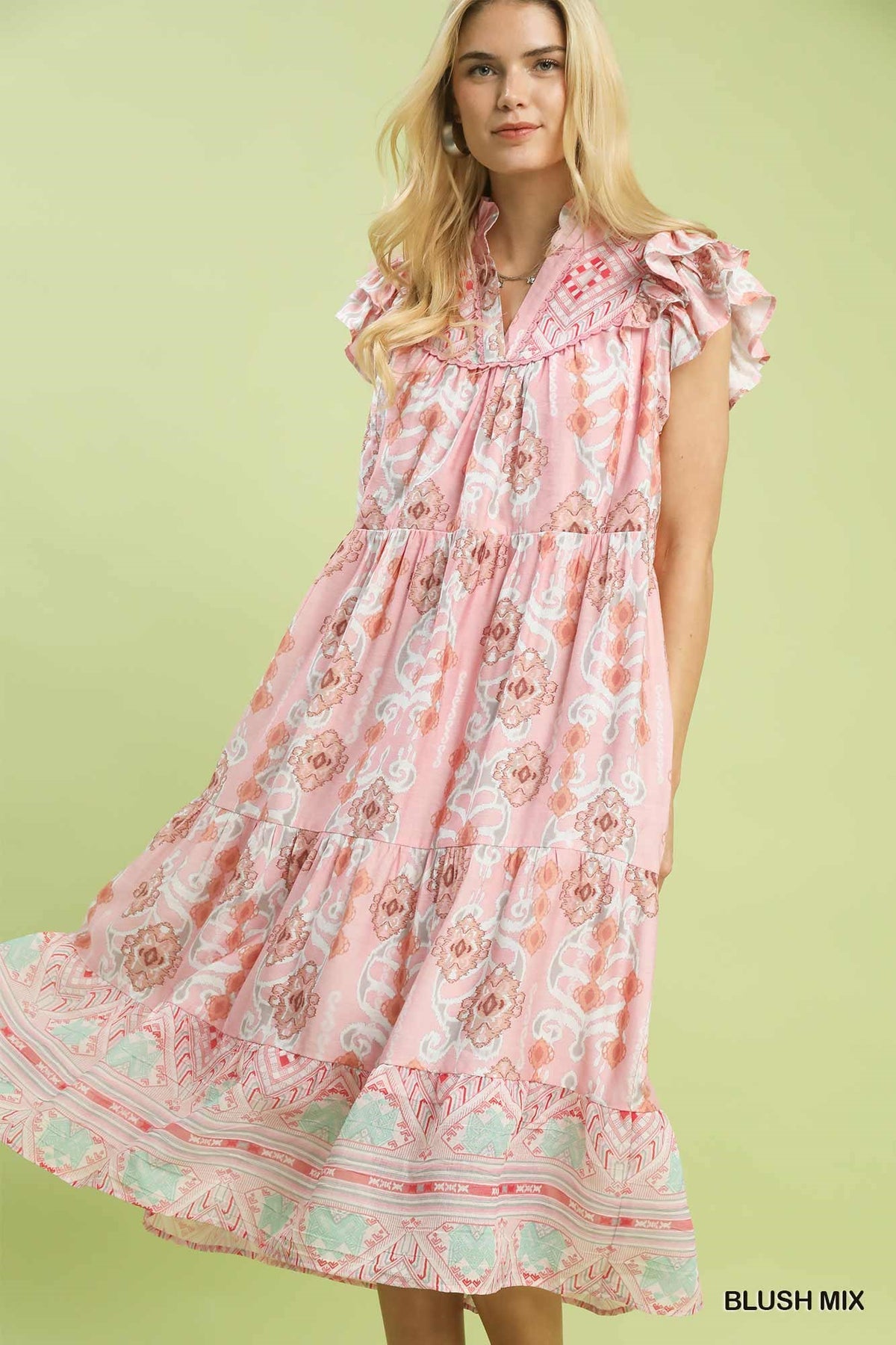 Boho Mint Mix Printed Tiered Midi Dress