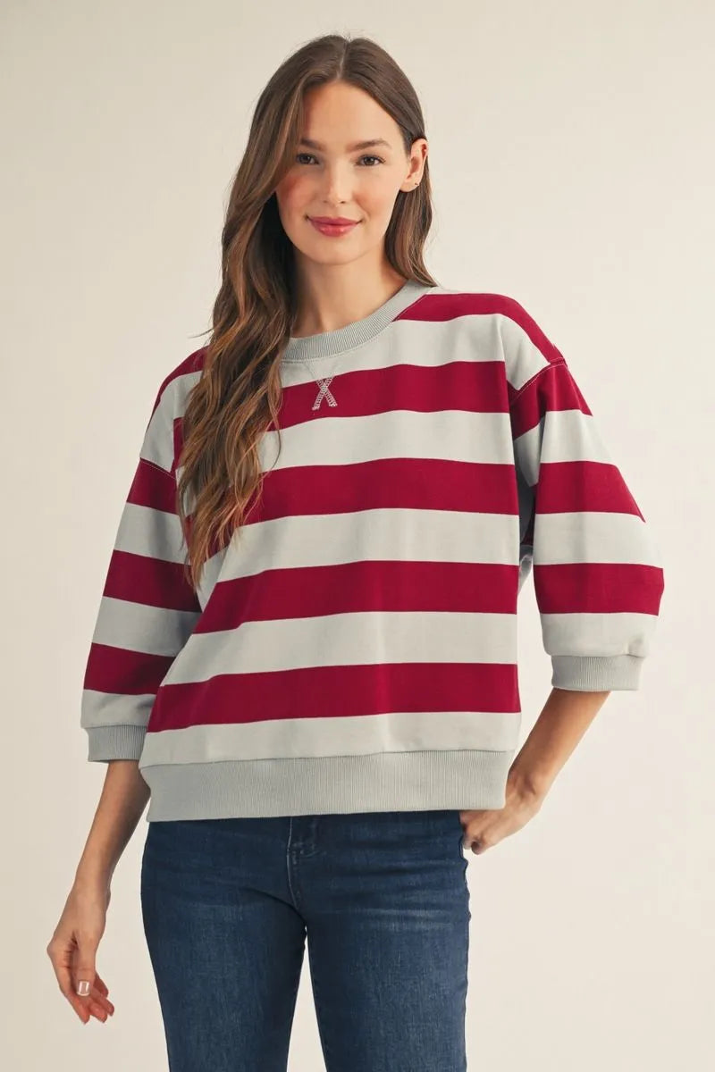 Drop shoulder 3/4 sleeves bold stripe casual top with V-notch